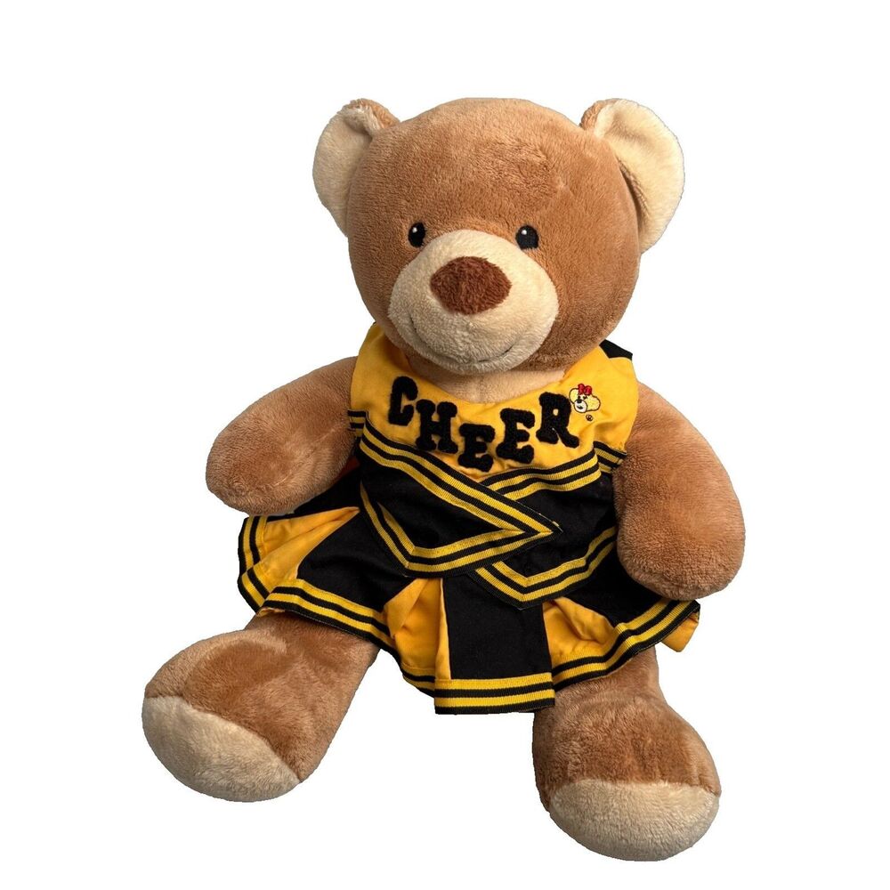 Build-A-Bear Brown Teddy Bear 16" Black & Gold Cheer Outfit +Pink BABW Backpack-